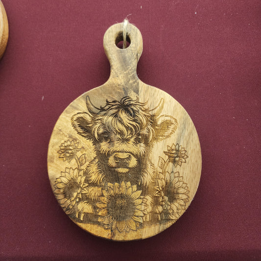 Engraved 4.5" Cutting Board - Highland and Sunflowers